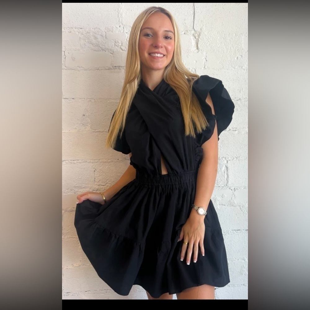 NEW Reset M Adeline boutique black crisscross front linen and cotton mini dress